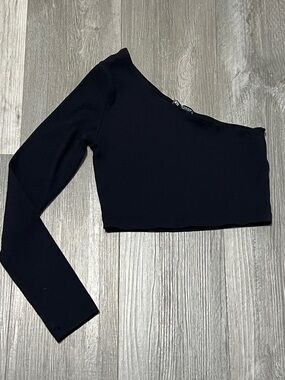 Zara Ribbed One-Shoulder Long-Sleeve Crop Top/ Black/Size M